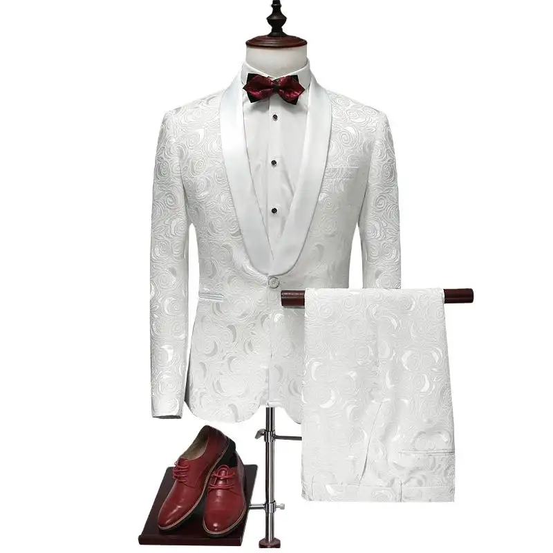 Pakaian bisnis kasual pria, setelan pakaian pernikahan 3 potong, pakaian pernikahan dua baris, setelan pernikahan gading