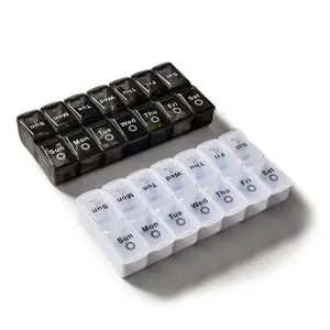 صندوق بلاستيكي أبيض وأسود مكون من 14 قطعة يستخدم كمنظم للأدوية الأسبوعية يحمل الأدوية لعلاج السكريات لمدة 7 أيام