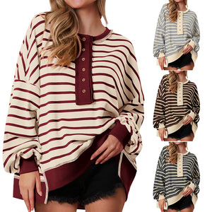 Suéter Popular Informal a <span class=keywords><strong>Rayas</strong></span> para Mujer, <span class=keywords><strong>Manga</strong></span> <span class=keywords><strong>Larga</strong></span>, Otoño e Invierno, Corte Holgado, Color Brillante, Diseño con Botones, <span class=keywords><strong>Cuello</strong></span> Redondo - Product Image 6