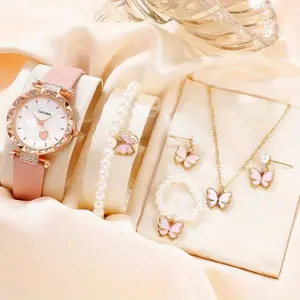 Wholesale Vogue 5PCS Girl Watch Gift Set Pink Quartz Ladies Watch Set Butterfly Pearl Watch Set For Women