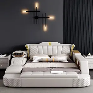 Bedroom Furniture Designer Leather Luxury King Queen Size Modern Wooden Multifunction Storage Massage High End Bed Set