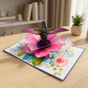 Meilleure Vente : Carte Pop-Up Fleur d'Anémone Coronaria et Colibri, Artisanat Floral en Papier Fait Main, Style Animalier Tendance du Vietnam - Product Image 3
