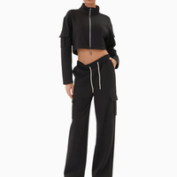 Ensemble de sport décontracté pour femme avec poches de style workwear, veste zippée à col montant et pantalon décontracté à jambe droite, ensemble deux pièces