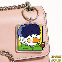 Porte-clés carré transparent en acrylique avec canard de dessin animé original, pipe et cheveux bouclés, anneau métallique pour clés, sacs, sacs à dos