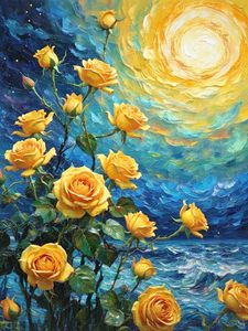 Peinture par numéros DIY Songwoo Impasto : Toile d'art texturée Nuit étoilée, Tourbillon Ciel, Rose dorée, Mer bleue, Paysage marin floral - Product Image 2