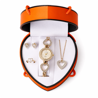 Coffret Cadeau Luxe Romantique Cœur pour Femme : Montre en Strass Cristal, Collier Pendentif Cœur, Boucles d'Oreilles, Bague – Idéal Anniversaire