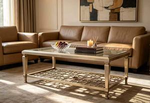 Table basse rectangulaire moderne en verre doré champagne avec étagère en treillis pour salon - Product Image 5