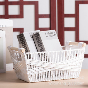 White Paper Rope Storage <b>Basket</b> Rectangle With Handle For Home Desktop Cosmetic Snack Coffee <b>Table</b> Remote Control Organizing - Product Image 1