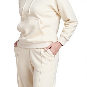 <b>Women</b> <b>Cream</b> Hooded Sweatshirt Set Cotton <b>Fleece</b> Solid Color Casual Autumn Wear With Pockets Regular Fit - Product Image 2
