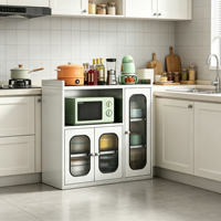 Meuble de rangement de cuisine moderne en acier inoxydable, buffet autoportant pour micro-ondes avec portes cannelées, 2 tiroirs, design de panneau moderne