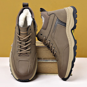 Botas de senderismo de invierno para hombre, suela gruesa, forro polar, zapatos casuales para exteriores, color caqui marrón, con cordones, para adultos, deportivas - Product Image 1