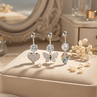 Hengsen Bijoux de piercing de nombril en acier inoxydable avec pendentif cœur et papillon en zircon cubique, à filetage externe et fermoir à bille