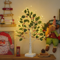 Weihnachtlicher Stechpalmenbaum mit LED-Beleuchtung, roten Früchten und Blättern, batterie-/USB-betrieben, dekorative Lampe für Neujahr, Heimpartys und Innendekoration