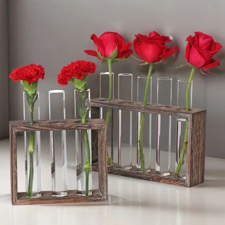 New Arrivals Wooden Stand with 5 Test Tube Photo Frame Vase Wall Hanging Glass Planter Terrarium Home Office Decor