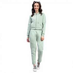 Ensemble de survêtement streetwear vert menthe pour femme, à capuche, manches courtes, couleur unie, pantalon décontracté, taille élastique, léger, automne - Product Image 1