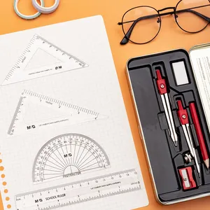 All In One Math Set Metal Box 7 Pcs Compass Ruler Set School Office Stationery Supply Value Pack Math Set