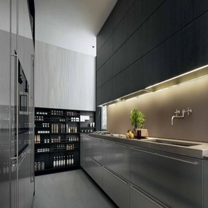 Armoires de cuisine modernes Balom personnalisées en bois massif gris foncé mat avec garde-manger ouvert et tiroirs à façade en verre 5+ tiroirs - Product Image 2