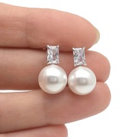 Kadınlar için Baget CZ İnci Damla Küpe, 6mm, Beyaz Altın Kaplama Pirinç İmitasyon İnci, Minimalist