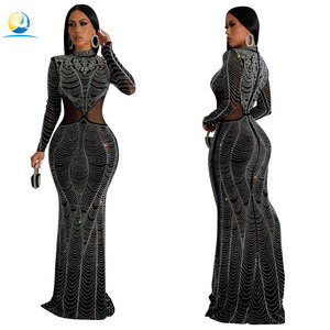 Nouvelle Arrivée Robe de Soirée Femme à Manches Longues en Maille Brillante Strass, Robe de Soirée Élégante de Luxe Couleur Unie en Gaze avec Strass - Product Image 1