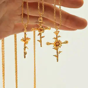 Neue elegante 18 Karat vergoldete Geburts monat Edelstahl Blumen kreuz Anhänger Halskette für Frauen