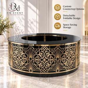 Barra de Bar Redonda Plegable Grande de Acero Inoxidable Dorado y Negro con Diseño Floral Art Deco y Tapa de Vidrio Templado Desmontable - Product Image 1