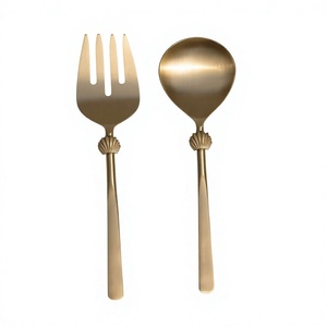 Gold Plated Salad Fork And Spoon <b>Set</b> With Shell Design Handle Metal Salad Serving Luxury Cutlery <b>Sets</b> 2 Pcs Wedding Decoration - Product Image 1