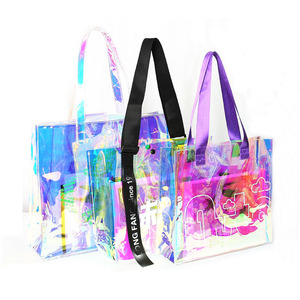 High Quality Transparent Reusable PVC Tote Bags Custom Logo Wholesale Promotional Holographic Beach Bags with Zipper