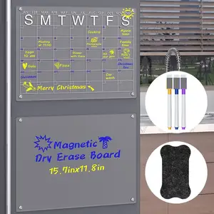 Calendario de borrado en seco magnético y tablero para nevera, transparente, 2 juegos, calendario acrílico, pizarra blanca reutilizable