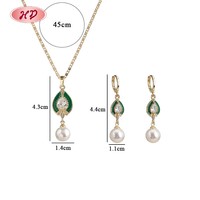 Ensemble de bijoux professionnel plaqué or 18 carats en laiton émaillé vert avec perle en forme de goutte pour femme, cadeau d'anniversaire, collier et boucles d'oreilles