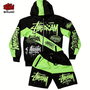 Ensemble de survêtement streetwear chicano personnalisé pour <span class=keywords><strong>homme</strong></span>, coupe-vent à <span class=keywords><strong>capuche</strong></span> zippé et short assorti, imprimé lettres gothiques effet goutte, bicolore - Product Image 4