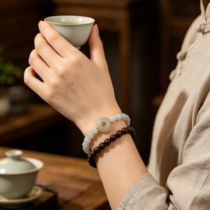 Pulsera de Doble Bucle con Cuentas de Jin Si <span class=keywords><strong>Yu</strong></span> y Agarwood Naturales, Diseño de Anillo Móvil en Forma de Bola, Joyería con Cuentas de Incienso para Unisex - Product Image 1