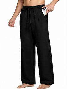 Pantalones casuales de pierna ancha para hombre, pantalones rectos con cintura elástica y cordón - Product Image 1