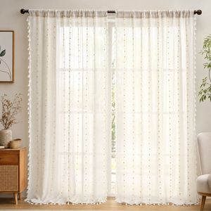 COSENNATUR Rideau en gaze de polyester avec passe-tringle et franges à pompons, motif à pois texturés, filtrant la lumière, vente en gros - Product Image 3