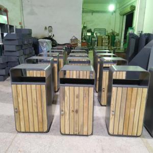 Modern Standing ABS Waste Bin Stainless Steel Wooden Finish Outdoor Container Ashtray for Street Recycling 12L 30L <strong>Trash</strong> <strong>Can</strong> - Product Image 4