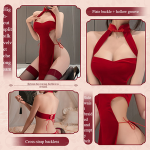 Conjunto <span class=keywords><strong>de</strong></span> Lencería Sexy y Romántica <span class=keywords><strong>de</strong></span> Año Nuevo, Cheongsam <span class=keywords><strong>de</strong></span> Terciopelo Fino con Abertura Seductora, Conjuntos <span class=keywords><strong>de</strong></span> Lencería <span class=keywords><strong>de</strong></span> Lujo Exóticos - Product Image 5
