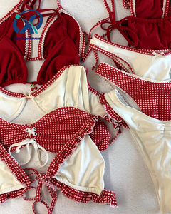 Custom Designed <strong>Red</strong> Plaid <strong>Bikini</strong> <strong>Set</strong> Your Swimwear Manufacturer OEM Printed <strong>Bikinis</strong> Girls' Lace Swimwear - Product Image 1
