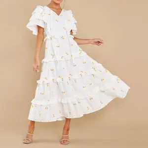 Vestido de manga corta Irregular de tres capas, 100% algodón, tres capas, plisado, estampado Floral, informal