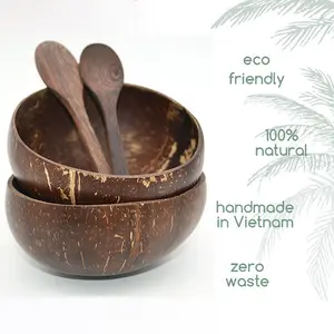 Ensemble de bols en bois avec cuillère et fourchette, coque de noix de coco organique, Logo gravé personnalisé de haute qualité, 1 pièce
