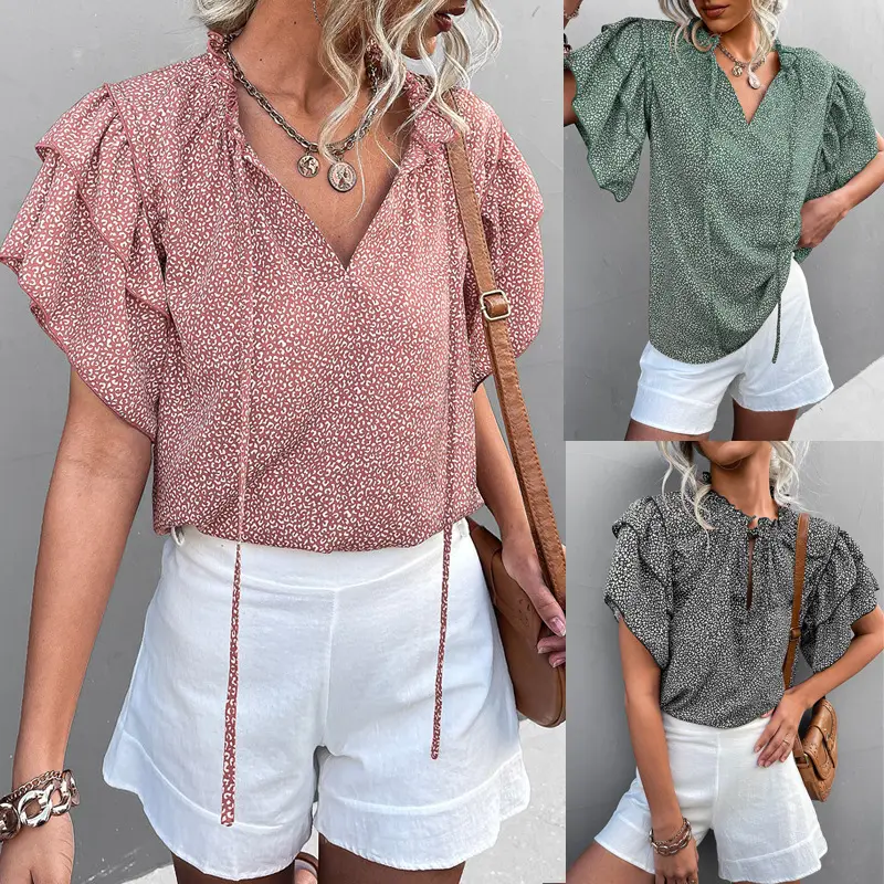 Blusa feminina chiffon com babados, camisa feminina manga curta estampa de oncinha babado casual verão S-XL