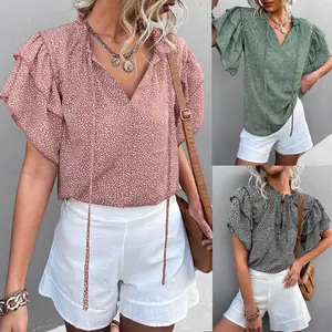 Women Shirts & Blouse Top Leisure Chiffon Top Blouses for Summer Leopard Ruffles Sleeves Ladies Casual Short Sleeve Printed S-XL