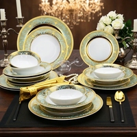 Expédition rapide, Karosa, 24 pièces, assiettes à dîner en porcelaine osseuse, couleur or vert gaufré, assiette à soupe avec bol, ensemble d'assiettes à dîner