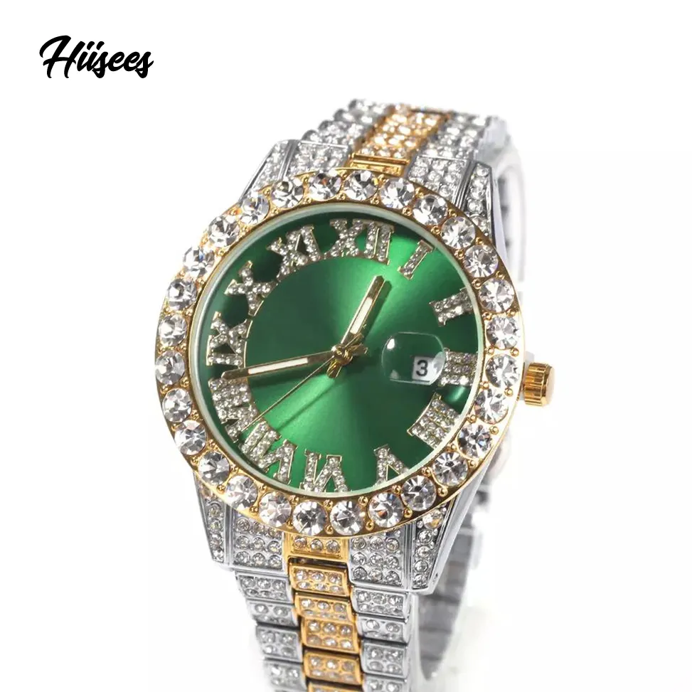 Iced Out Baby Green Big Stone Women Watches Bling Diamond Purple 18K Gold Plated Dial Hip Hop Watches Jewelry