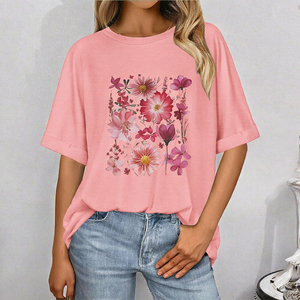 T-shirt pour femme à imprimé floral rose, coupe ample, manches courtes, col rond, décontracté, été, tricoté, tissu jersey - Product Image 2