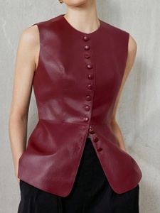OEM ODM Custom <strong>Women</strong> Burgundy Round Neck Peplum Waist Fitted Leather Sleeveless Vest Slim Fit Seam Sheepskin Leather <strong>Gilet</strong> Top - Product Image 5