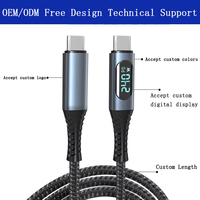 Kabel Data USB Type C ke Type C Nylon Thunder 3 dengan Layar Daya LED E-Marker PD 240W Pengisian Cepat 10Gbps 20Gbps 40Gbps