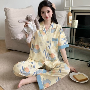 Pyjama d'été en coton doux à manches courtes pour femme, motif floral, vêtements d'intérieur grande taille pour mère d'âge moyen - Product Image 1