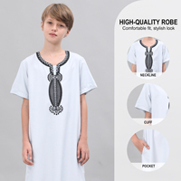 Nouvelle Collection 2026 : Thobe Gris à Manches Courtes Brodé pour Garçons – Robe Arabe Musulmane, Kandura, Jubba, Vêtement Islamique pour Enfants, Qamis pour Ramadan et Aïd