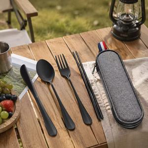 Cubiertos de Viaje con Estuche, Juego de Cubiertos Portátiles para el Trabajo, Vajilla de Acero Inoxidable Portátil para Acampar - Product Image 1