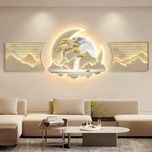"Acqua che scorre porta ricchezza" - Set di 3 pezzi con cornice in PVC, decorazione in cristallo <span class=keywords><strong>e</strong></span> porcellana, paesaggio astratto moderno, arte da parete a LED - Product Image 3