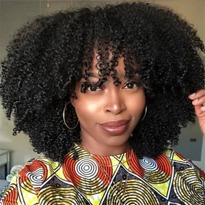 Üst sınıf İnsan saç peruk Perruques-doğal Cheveux Humain bakire saç Afro Kinky kıvırcık kahküllü peruk tam makine yapımı